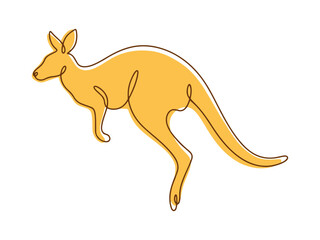 Fototapeta premium Modern one-line art illustration of a jumping kangaroo with a yellow color fill, ideal for minimalist logos, nature icons, and Australian-themed graphic designs.