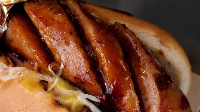 Close-up shot of a delicious, gourmet all-beef hot dog with grill marks, nestled in a soft bun with sauerkraut and a drizzle of sauce, served in a white paper tray with aluminum foil on a metallic tab