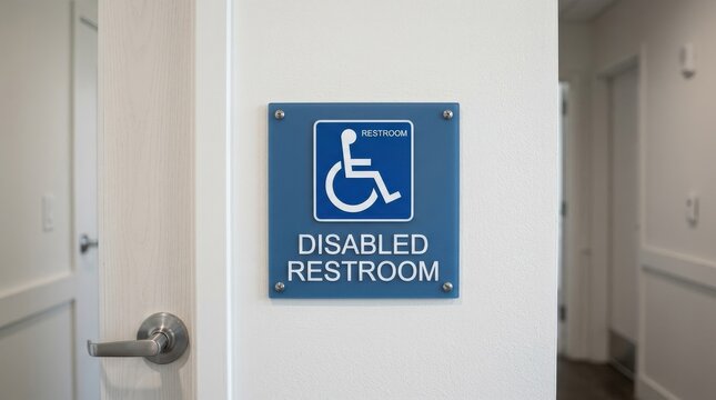 A disabled restroom sign with wheelchair pictogram displayed on a white surface, crisp icon clarity and balanced composition, soft lighting, ultra-detailed, captured with Canon EOS R6, 50mm lens,