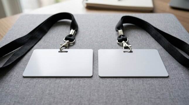 Two corporate ID cards with blank surfaces displayed side by side on a soft gray background, plastic texture and lanyard details visible, professional badge mockup, shot on Canon EOS R6, 100mm lens,