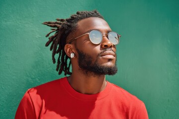 Obraz premium Cinematic portrait of a young man in sunglasses and dreadlocks wearing a red t‑shirt against a green wall