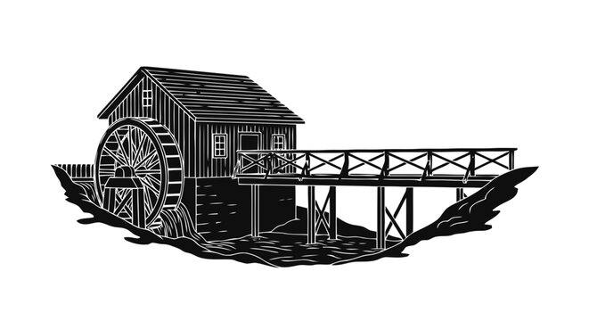 Vector illustration&nbsp;of vintage woodcut style illustration of a water mill with a wooden bridge on a transparent background
