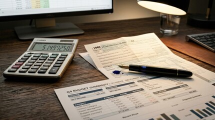 Obraz premium A second close-up editorial view of a financial workspace desktop, a calculator beside a folded set of tax documents and a printed budget summary, a fountain pen uncapped and resting diagonally across
