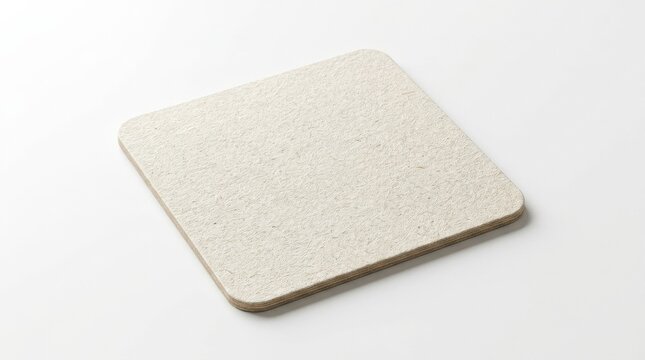 A clean square coaster with an empty design surface displayed in isolation on a white background, fine cardboard texture with layered paper fibers, professional drink holder mockup for bar and