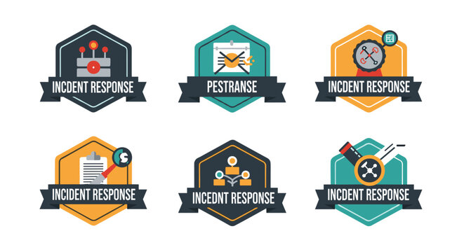 Collection of six distinct hexagonal badges featuring clean line vector graphics symbolizing incident response, crisis management, and problem-solving with diverse icons like