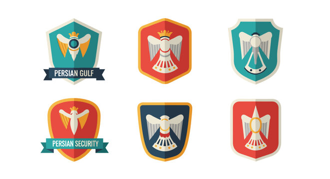Collection of six flat design heraldic crests featuring stylized eagles with outstretched wings, showcasing vibrant teal, red, and navy blue shields, each accented with gold