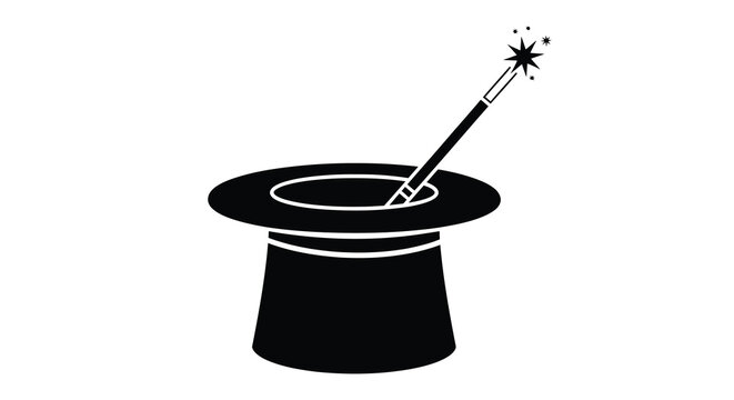 A black silhouette of a magician s hat with a sparkling wand inside