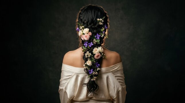 A stunning bridal fashion portrait shot from behind, the model's long dark hair intricately braided and adorned with cascading roses, violets, and delicate foliage, the plaited coiffure a masterpiece