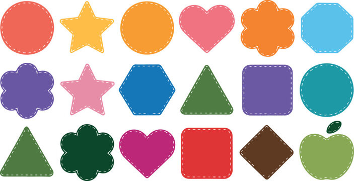 Set of colorful frames with dashed white stitching in various shapes, stitched label collection for scrapbooking and creative design