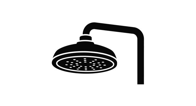 Simple black silhouette of a modern showerhead against a white background