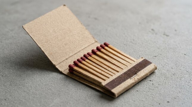 A realistic open matchbook mockup with blank cover placed on a neutral gray background, cardboard texture with visible grain and wooden matchsticks inside, packaging template for promotional branding