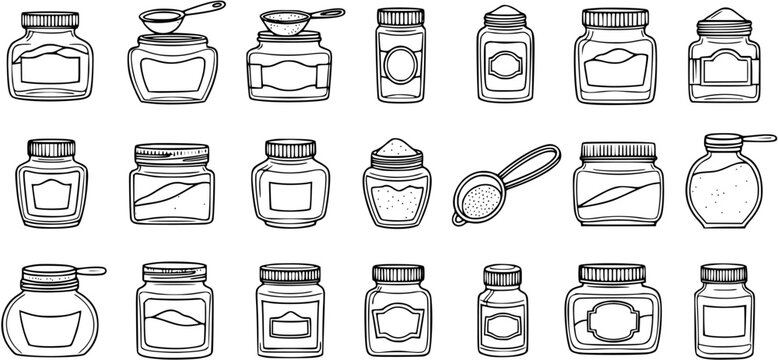 Food and Kitchen Spices Jars with Measuring Spoons Black and White Line Art Set. Hand-drawn Doodle Collection of Cooking Ingredients Containers.