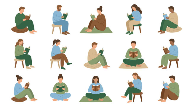 Diverse group of men and women enjoying literature. Illustrations showcase various individuals engrossed in reading, portraying quiet moments of relaxation.