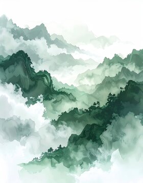 Misty mountain range, soft hues of green and white