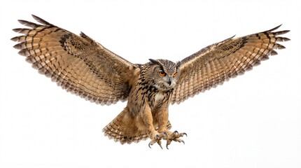 Fototapeta premium A majestic eurasian eagle owl in flight with wings fully spread showing detailed brown feathers