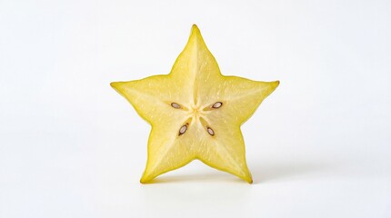 Fototapeta premium A single slice of fresh yellow starfruit showing its distinctive five pointed star shape pattern