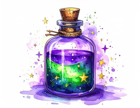 Mystical potion bottle,  stars,  watercolor