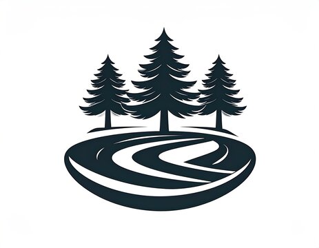 Forest path logo. Dark silhouette of three pine trees and winding path on a stylized grassy knoll