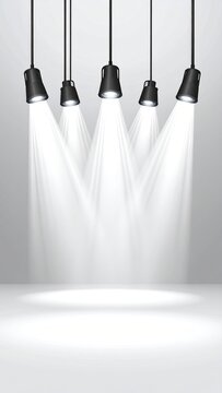 Five spotlights illuminate a plain, empty stage