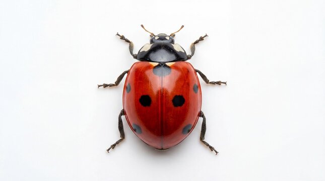 A vibrant red seven spotted ladybug captured from a top down perspective showing its shell markings
