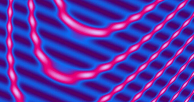 A vibrant and dynamic abstract background features undulating, fluid waves of bright neon green and deep fuchsia magenta. The smooth, liquid-like lines create a hypnotic optical illusion, continuously