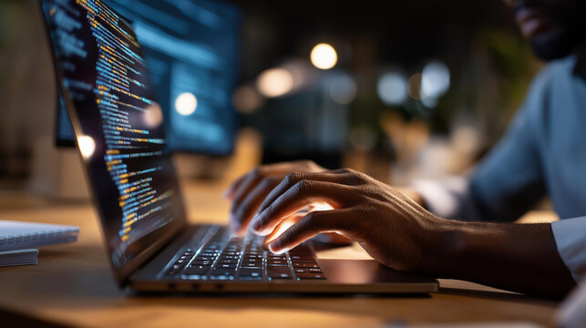 Close up of hands scrolling through dense code on a laptop screen using a trackpad the screen showing a data processing script with highlighted syntax and a scrollbar indicating