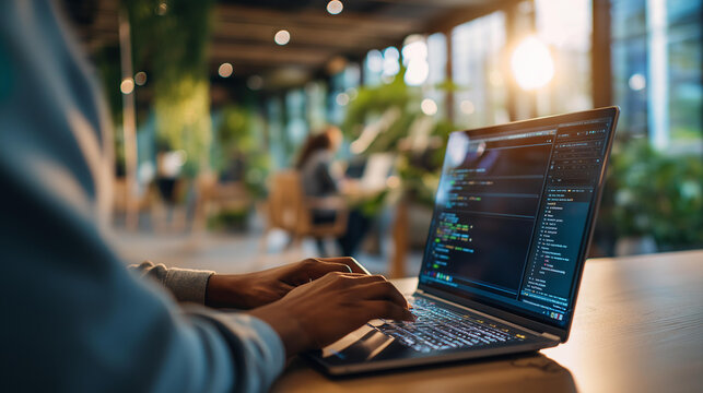 Close up of hands on a laptop showing a web application development environment with a live preview panel beside the code editor a browser developer tools console open at the