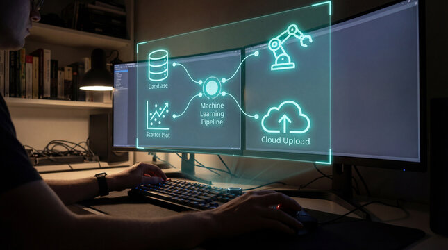 Programmer working on a computer with a glowing cyan machine learning pipeline hologram. Data science concept featuring database, scatter plot, automation, and cloud upload icons