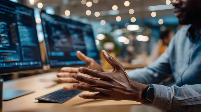 Close up of two pairs of hands gesturing in discussion beside a dual monitor setup showing software architecture diagrams on one screen and coded implementation on the other