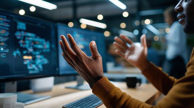Close up of two pairs of hands gesturing in discussion beside a dual monitor setup showing software architecture diagrams on one screen and coded implementation on the other