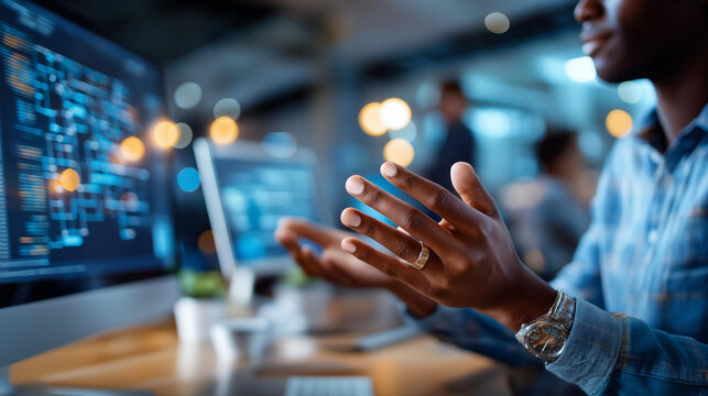 Close up of two pairs of hands gesturing in discussion beside a dual monitor setup showing software architecture diagrams on one screen and coded implementation on the other