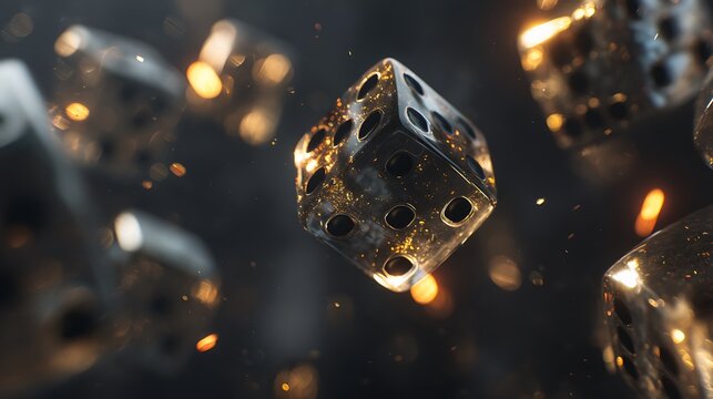 Close-up of gold glittering dice with black pips on dark reflective background, gambling, luck, fortune, shiny texture