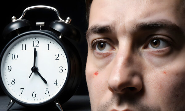 Man looking anxiously at alarm clock representing concept of Cortisol Levels  