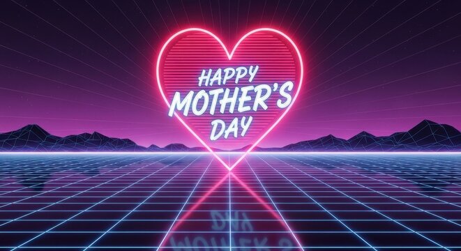 Happy mothers day text inside neon heart shape on retro synthwave background.