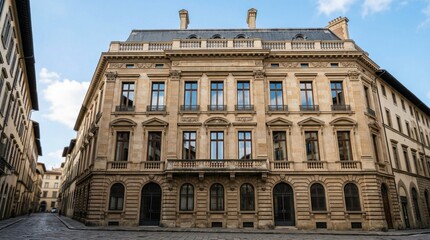 Fototapeta premium A large elegant European style building stands on a street corner in a city.