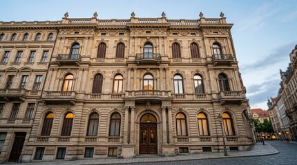 Fototapeta premium The elegant European style building stands on a city street corner.