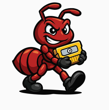 A fierce cartoon red ant mascot character with an angry expression is marching and holding a yellow pencil sharpener.