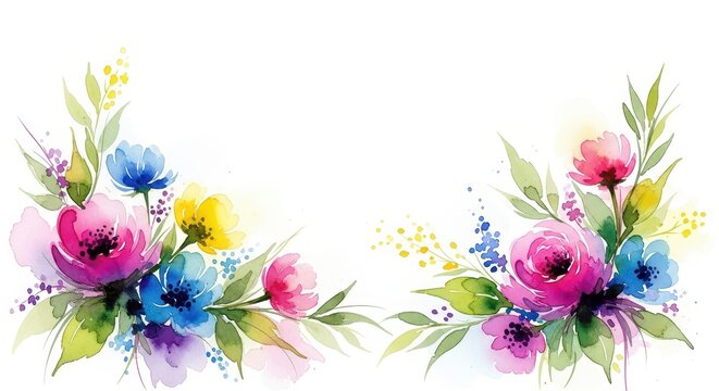 Beautiful watercolor flower arrangement in pink blue and yellow colors framing empty white space for custom text and advertising.