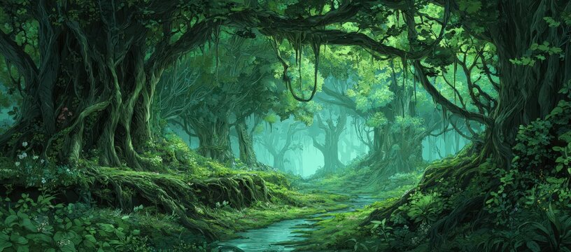 Pixel art fantasy jungle path with massive ancient tree roots, hanging vines