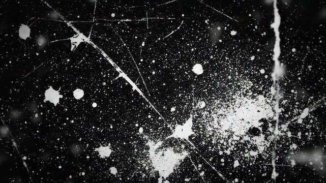Scattered white scratches and surface spots are isolated against a black background, forming a bold grunge texture full of distressed vintage energy.