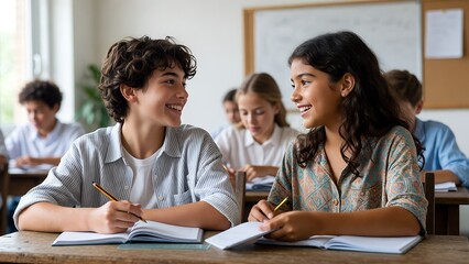 Fototapeta premium Group of Young Students Learning with Female Teacher in Bright Classroom
