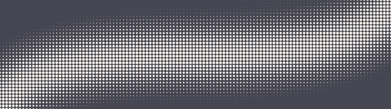 Big dots grid halftone pattern smooth curved border ultra wide 32:9 aspect ratio vector graphite grey abstract background. Half tone textured panoramic ultrawide format retro futuristic design element