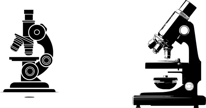 A minimalist, black-and-white illustration of a compound microscope with multiple objective lenses, set against a pure white background