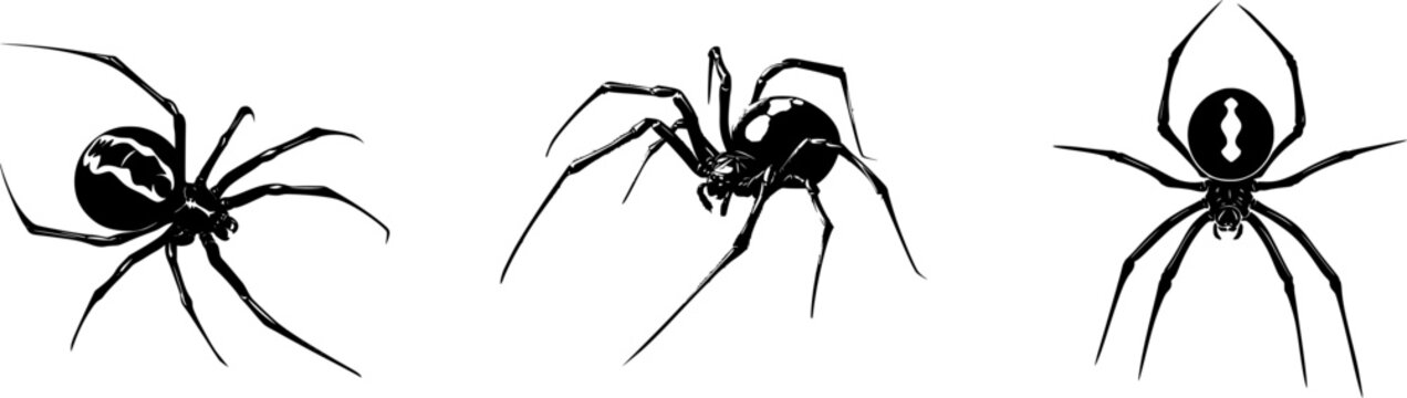 A minimalist black and white illustration of a Creepy Black Widow spider, featuring an hourglass pattern on its abdomen against a stark black silhouette with crisp edges for easy tracing