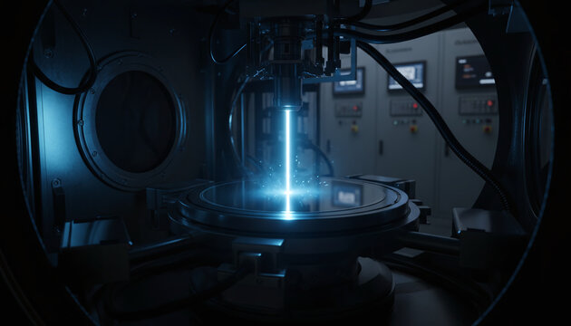 Semiconductor ion implantation process with glowing beam hitting silicon wafer
