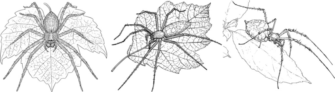 A detailed green lynx spider poised to strike from a stylized leaf, rendered in sharp black ink outline against a solid white background, exudes the monochrome coloring book style with clear