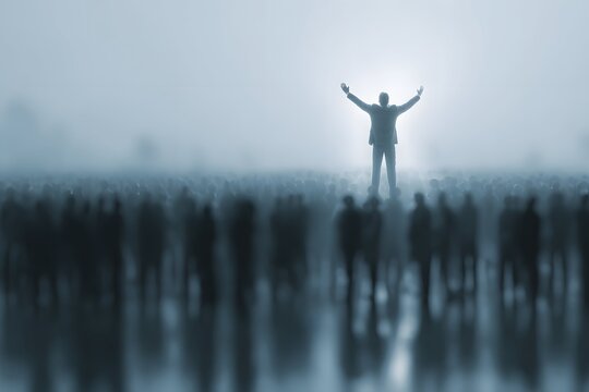 Hubris businessman on a platform in busy workspace arms up showing pride perfect for banners