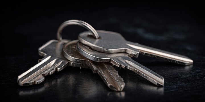 The keys on a dark reflective surface in dramatic close-up macro composition