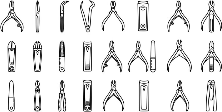 Black and White Line Art of Manicure and Pedicure Tools, Nail Clippers, Cuticle Nipper, Nail File