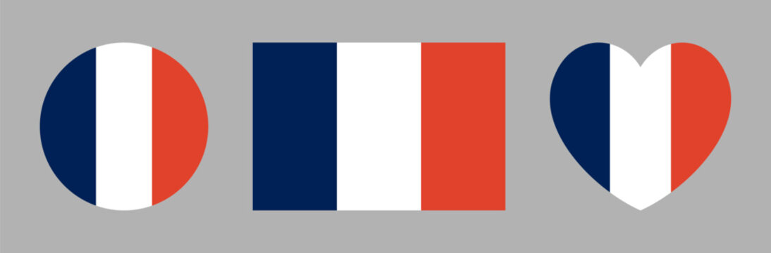 France round, rectangular, heart shaped flag icon, sticker. National heart, rectangle, circle flag badge, button. France flag banner in heart, circular, square shapes. Set of French flag backgrounds.